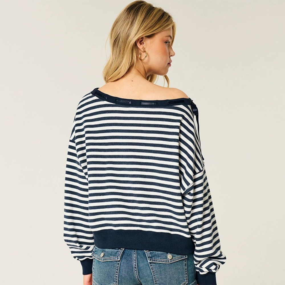 Casual Retro Striped One Shoulder Sweatshirt with Bow